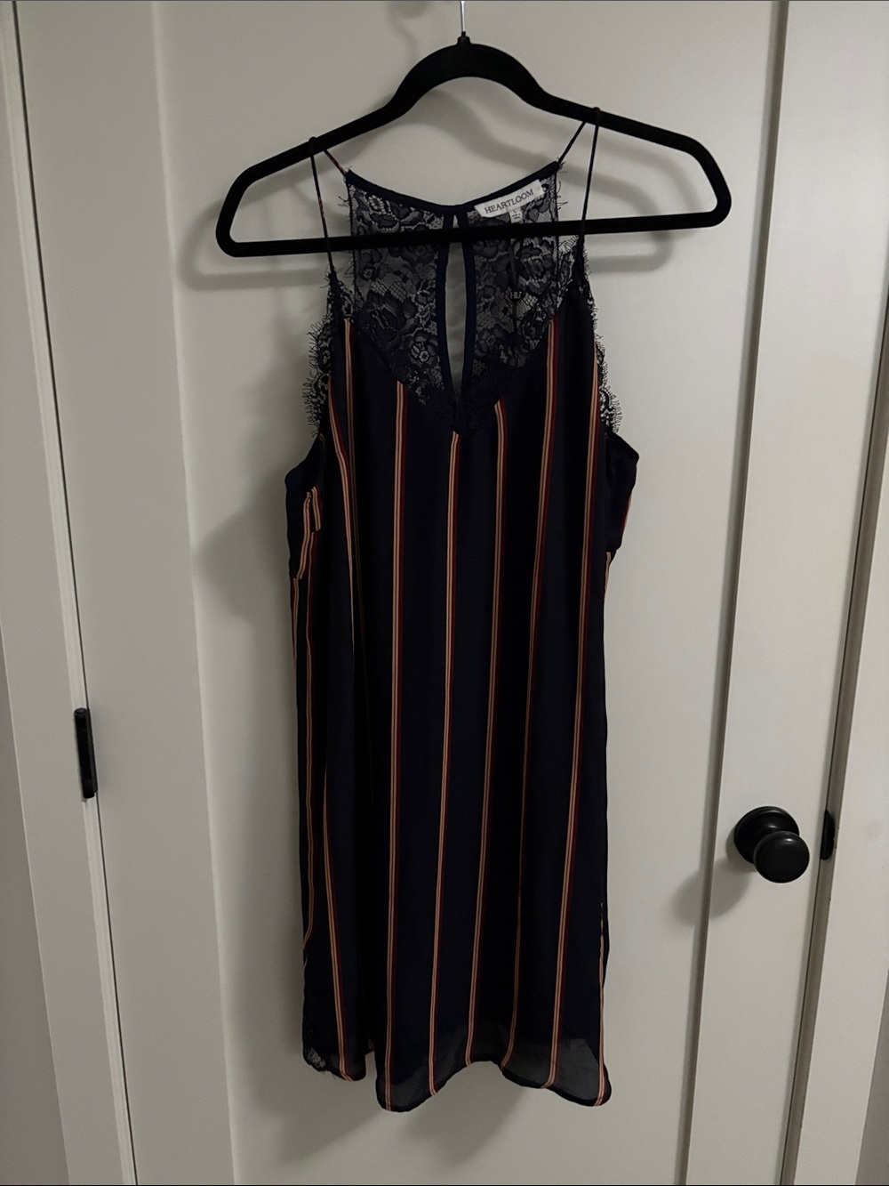 Lace-Trim Striped Slip Dress - Navy with Rust Stripes